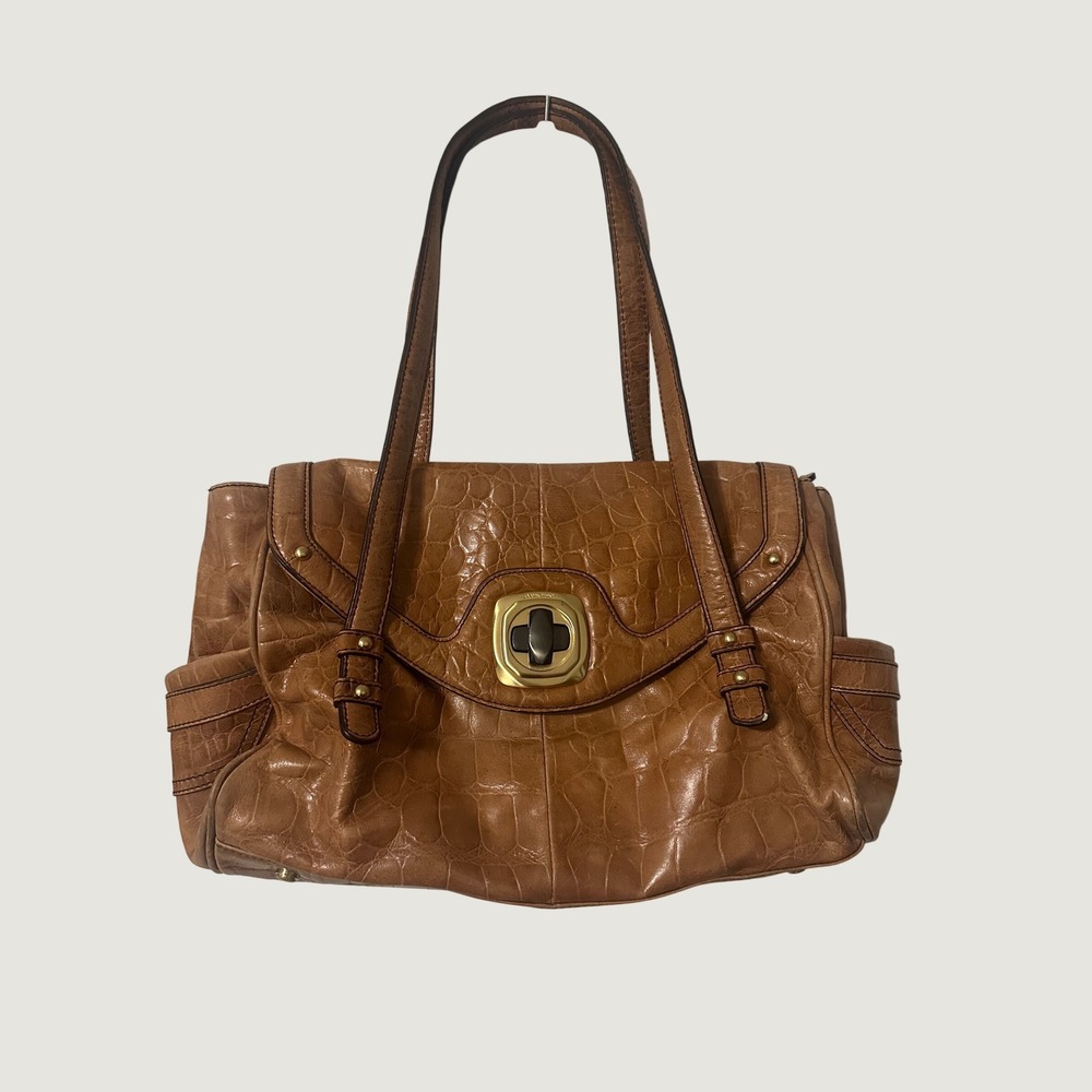 B Makowsky Tan Croc Embossed Leather Shoulder Bag Turn Lock Purse Boho Y2K Fall